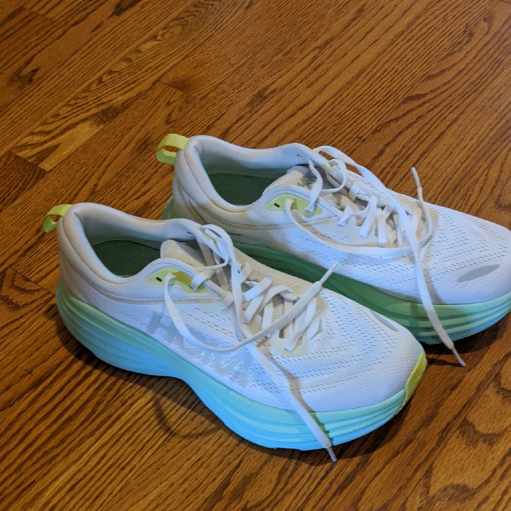 Hoka One One Women Bondi 8 White grenen bule Running Shoe Size 10B